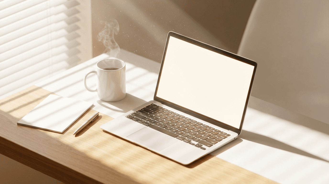 Modern marketing workspace with laptop and notebook on a clean desk