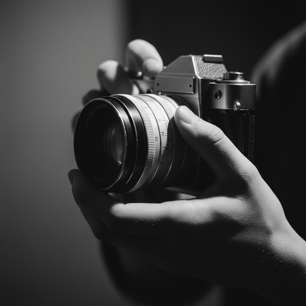Photographer's hands adjusting vintage camera lens with dramatic side lighting emphasizing detail and craftsmanship