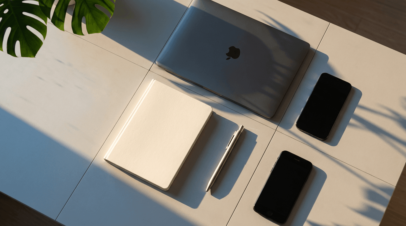 Creative workspace showing video production, digital strategy tools, and mobile marketing setup