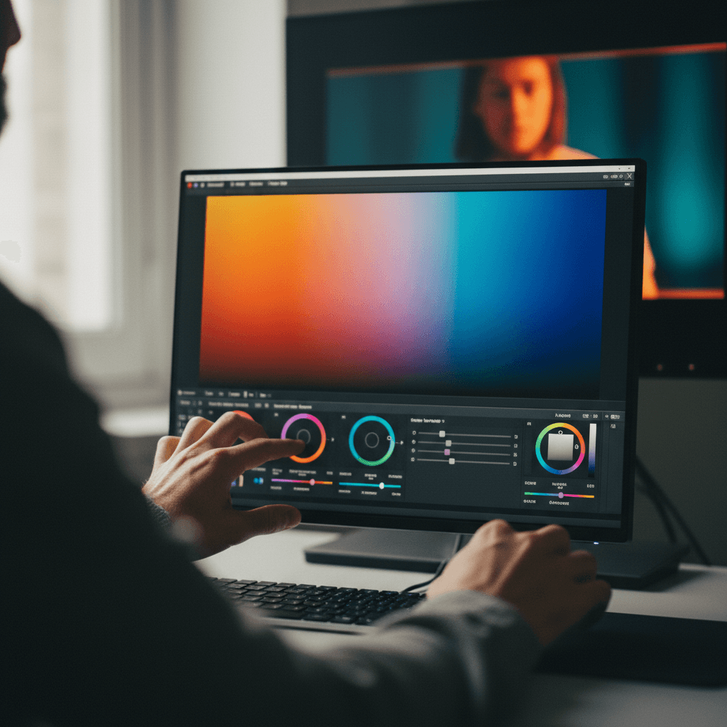 Close-up of hands adjusting color grading controls and sliders on professional video editing software interface