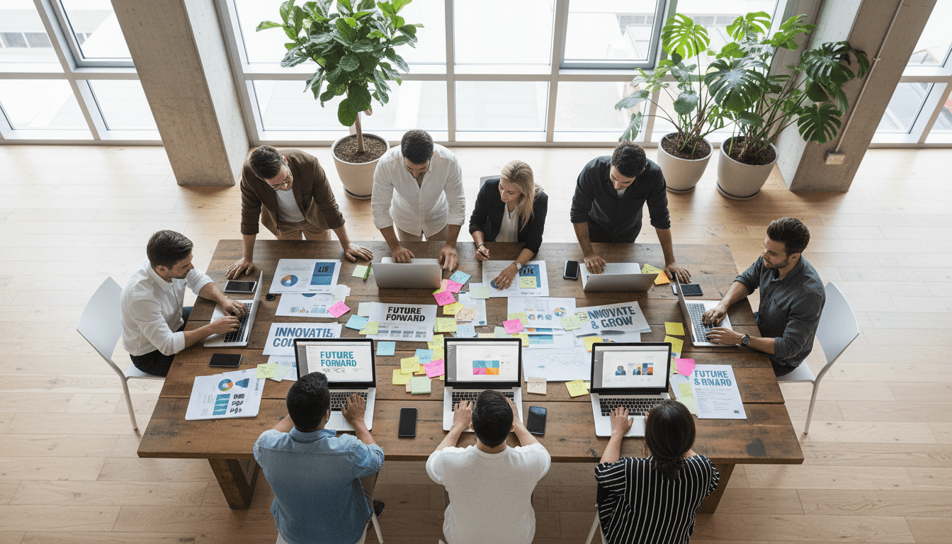Marketing team collaborating on campaign strategy in modern Nicosia office