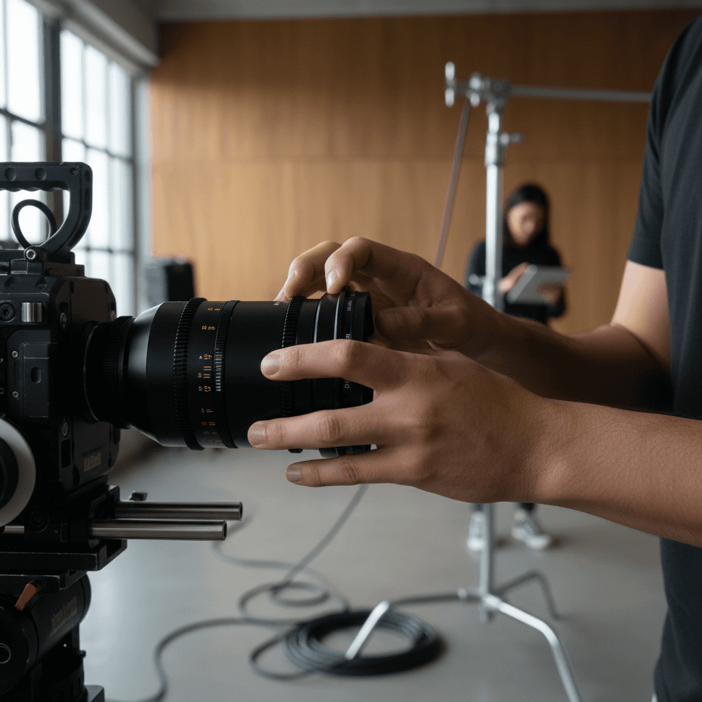 Professional video camera lens in studio
